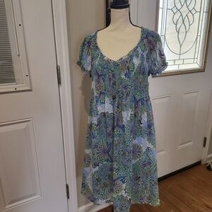 Sunny Leigh Light Blue Paisley Midi Dress with Green and Purple Accents